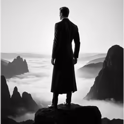 man in top hat and coat looking out over a mountain