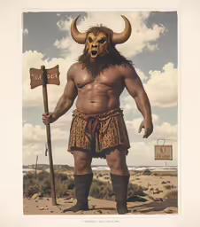 a man in a horned outfit and horned head, stands behind a cross with a wooden stick