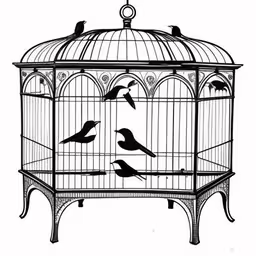 a drawing of birds in a cage flying around,three birds are flying in a birdcage