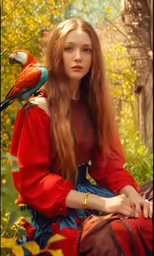 a girl sitting next to a parrot on her arm