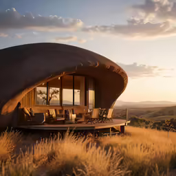 a large brown building sitting on top of a field