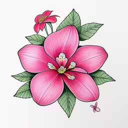 a picture of a flower with butterflies sitting next to it,a drawing of a pink flower on a white background,a pink flower with two green leaves on top,flowers, flowers are pink with green leaves on them,a pink flower with leaves is painted on white paper