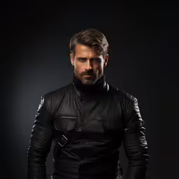 the actor is dressed in leathers and looks into the camera,a man is dressed as a pilot with his hands on his hips