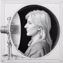 a woman in front of a mirror looking in it