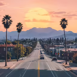 a street scene with two cars parked on one side and palm trees on the other
