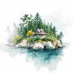 an illustration with a house on an island surrounded by trees