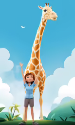 a person standing near a giraffe in the forest