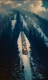 a truck driving down a snowy mountain road