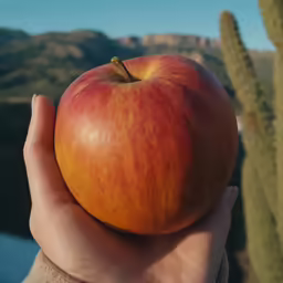 a hand holding an apple near a cactus