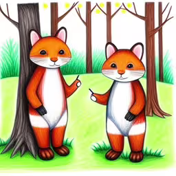 a fox and a bear are standing by the trees