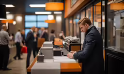 man looking down while standing behind counter at checkout area