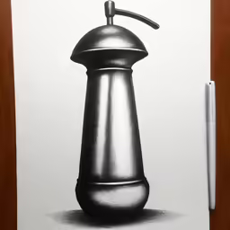 a pen and a drawing of a coffee grinder