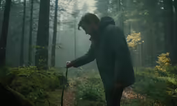 man with beard in raincoat standing on path in forest