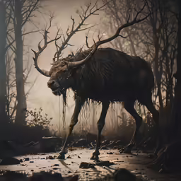 a large horned animal standing next to a forest