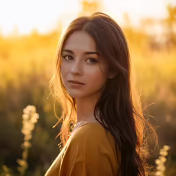 an attractive girl posing for a picture in the field