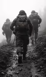 two men in uniforms walk on a trail