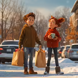 two children walking down a snow covered street with a bag of coffee