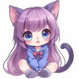an anime cat girl with purple hair sitting down