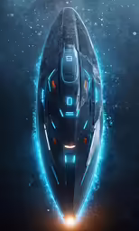 a futuristic ship in the ocean with its lights on