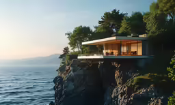a small house built on a cliff in the ocean