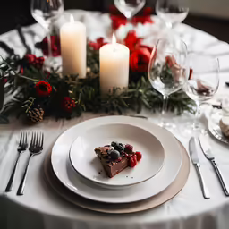 a plate of pie on a white table cloth and a white dinnerware