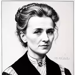 a black and white drawing of a woman with a necklace