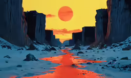 this is a painting of the sun setting over a frozen street