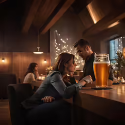 a man and woman sit next to each other at a bar