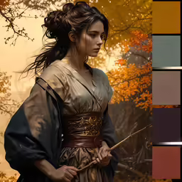 a woman in a brown and green dress holding a wand