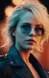 a woman wearing sunglasses and a leather jacket
