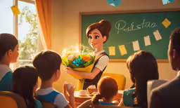 a woman in costume holds flowers as children sit at desks
