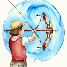 a cartoon painting of a boy playing with a bow and arrows,a cartoon depicts a young man with an open bow shooting an arrow