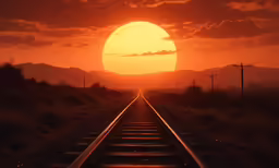 the sun sets behind the train tracks