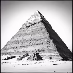 a large rock formation sitting next to a tall pyramid