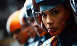 a row of motorcyclists, wearing helmets and standing against a wall