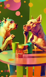 two dogs that are sitting at a table