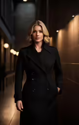 a blonde woman in a black coat is posing