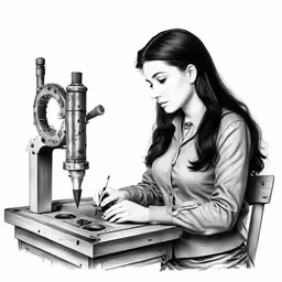 a black and white photo of a woman working on a piece of art