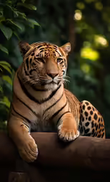 a tiger is sitting on the limb of a log