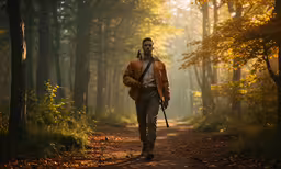a man walks through the forest holding his camera,a man with two rifles walks on a path through the woods