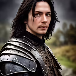 a man in a knight armor and a cloudy background