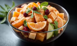 a bowl filled with sliced oranges, apples and mint