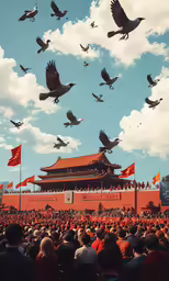 a crowd of people watching birds flying above an orange building