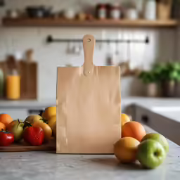 a paper bag sitting on top of a table next to fruits