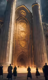 a large clock tower is surrounded by people
