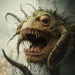 the giant fish is making a terrible face and a massive beak
