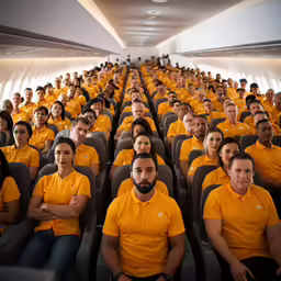 rows of people in yellow shirts sit on an airplane