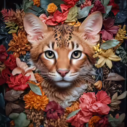 the cat has big eyes and is surrounded by colorful flowers