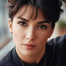 a woman with dark hair wearing a necklace