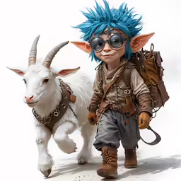 a cartoon kid with blue hair is next to a goat